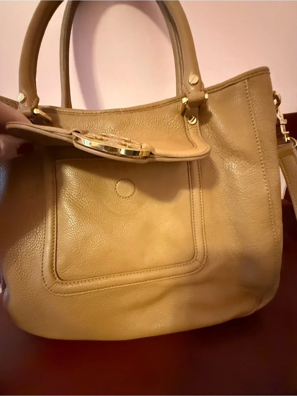 Tory Burch Cognac Pebbled Leather Tote with Logo Front Pocket